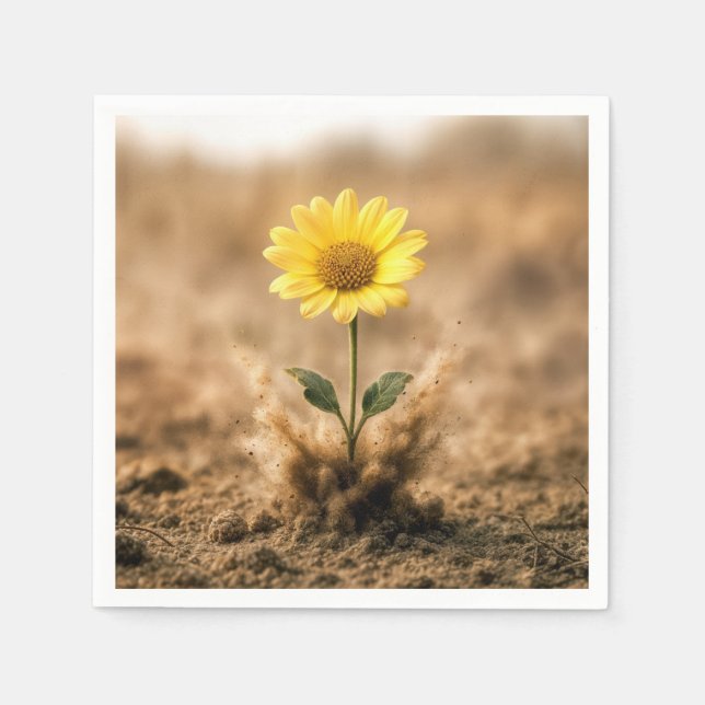 Single Yellow Daisy Bursting Out of Dirt Napkin (Front)