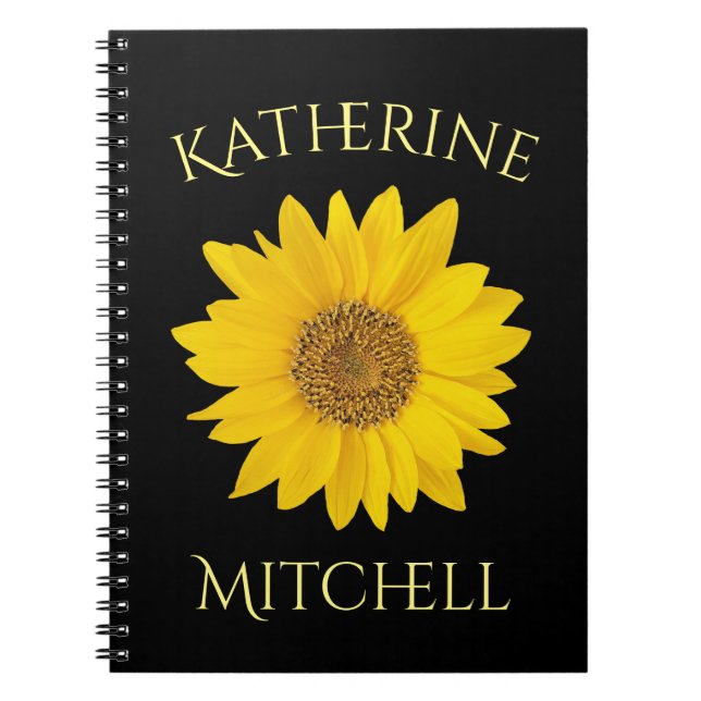 Single Yellow Sunflower Custom Name Black Notebook (Front)