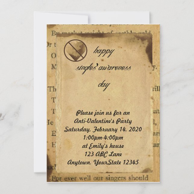 Singles Awareness Anti-Valentine Party Invitation (Front)