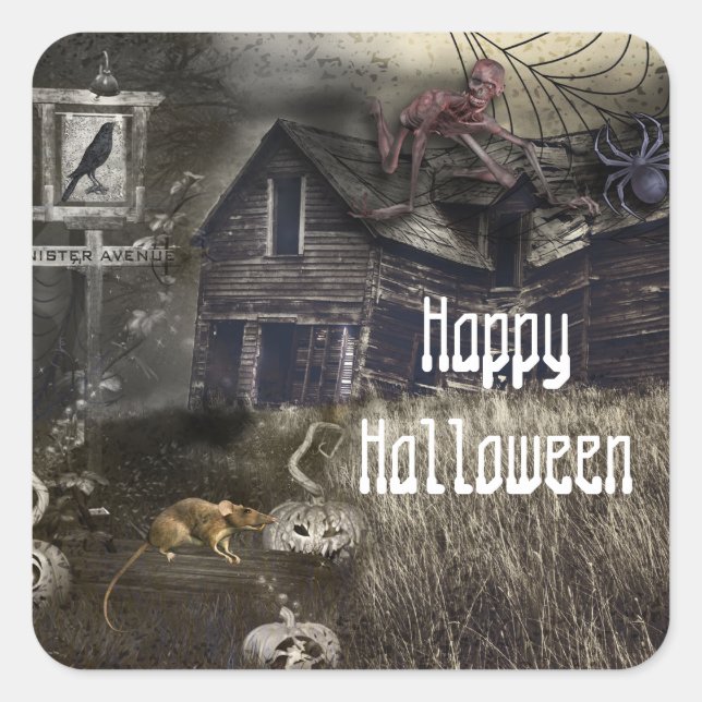 Sinister Avenue Scary Halloween Party Favour Square Sticker (Front)