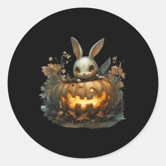 Sinister Bunny Mayhem Creepy Halloween Bunny Pumpk Classic Round Sticker (Front)