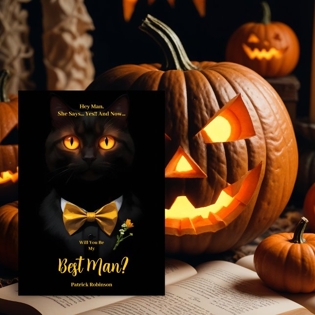 Sinister Cat's Glowing Yellow Eyes Best Man  Invitation (Sinister Humanoide Cat's Glowing Yellow Eyes Best Man with Bow Tie Proposal Cards.)