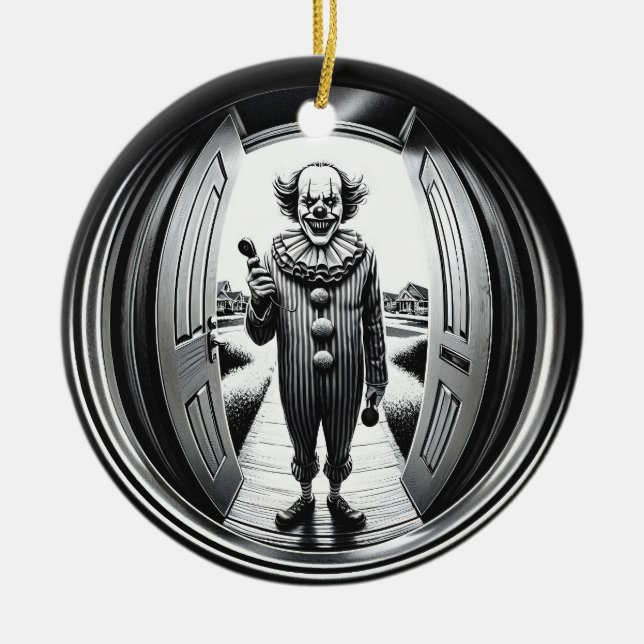 Sinister Clown at Your Door | Fisheye Ceramic Tree Decoration (Front)
