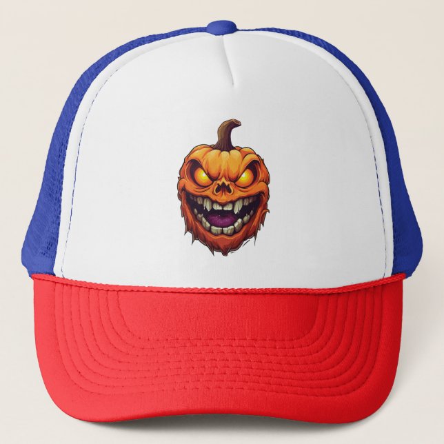 Sinister Grinning Pumpkin Head Trucker Hat (Front)