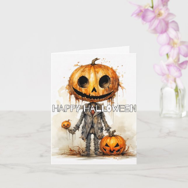 Sinister Pumpkin Scarecrow Happy Halloween Card (Orchid)