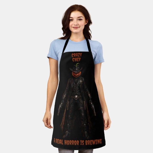 Sinister Pumpkin Sheriff Cowboy Jack-o'-Lantern Gr Apron (Worn)