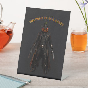 Sinister Pumpkin Sheriff Cowboy Jack-o'-Lantern Gr Pedestal Sign