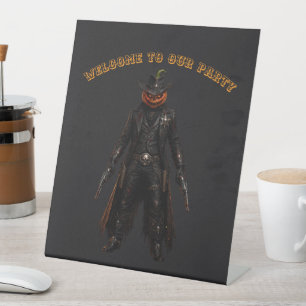 Sinister Pumpkin Sheriff Cowboy Jack-o'-Lantern Gr Pedestal Sign