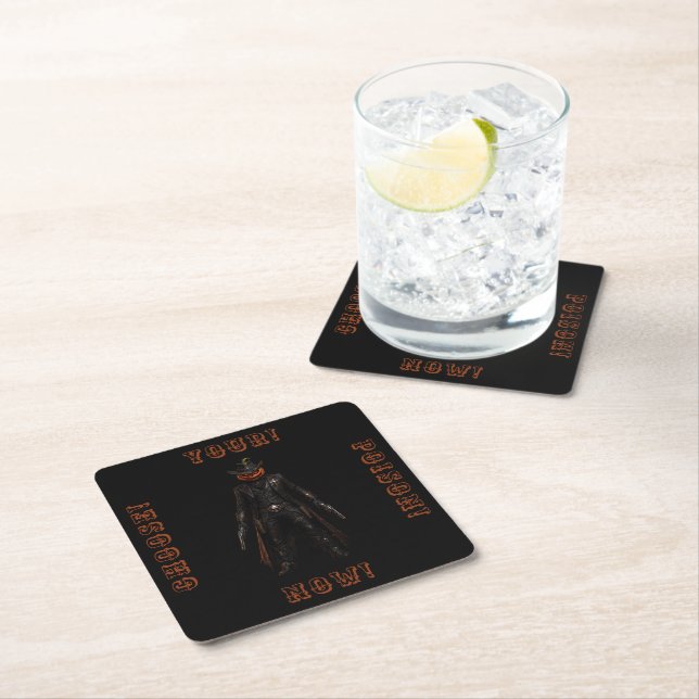 Sinister Pumpkin Sheriff Cowboy Jack-o'-Lantern Gr Square Paper Coaster (Insitu)