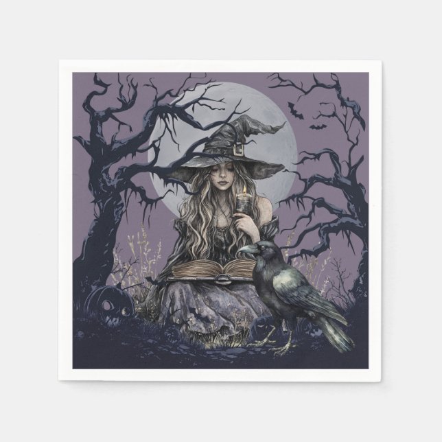 Sinister Witch Casting a Spell in a dark Forest Napkin (Front)