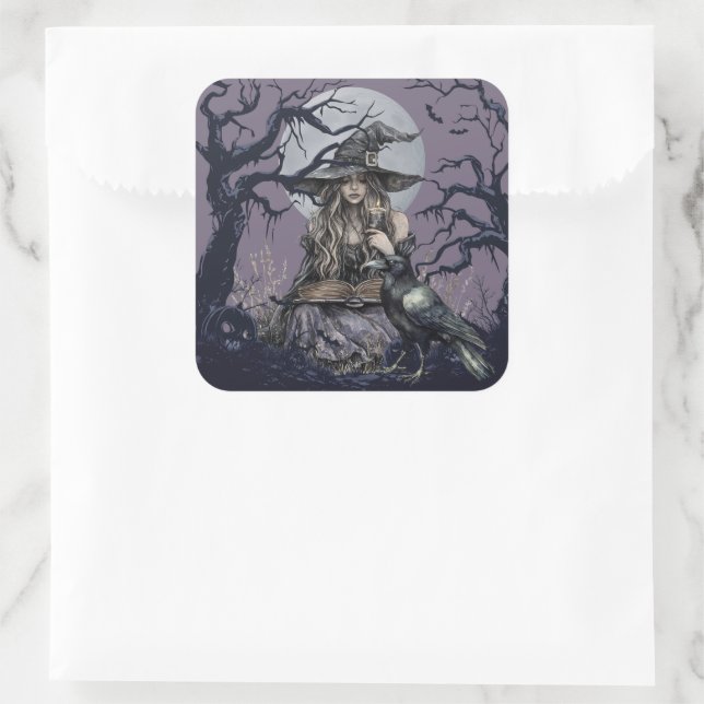 Sinister Witch Casting a Spell in a dark Forest Square Sticker (Bag)