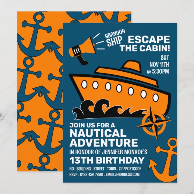Sinking Ship Theme Escape Room, Birthday Party Invitation (Front/Back)