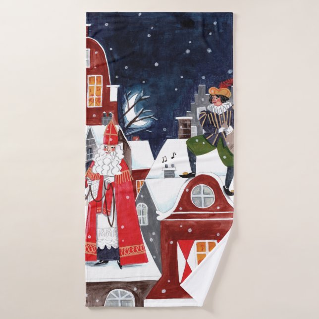 Sinterklaas and Piet on the roofs of Amsterdam Pos Bath Towel (Bath Towel)