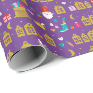 Sinterklaas met huisjes, zak kadootjes en snoep wrapping paper