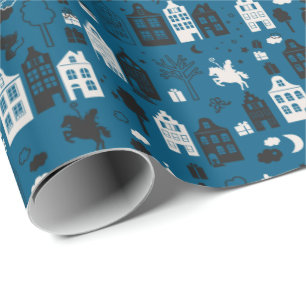 Sinterklaas met paard en huisjes blauw wrapping paper