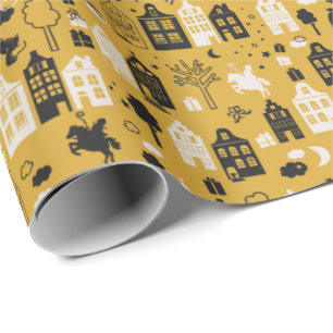 Sinterklaas met paard en huisjes oker wrapping paper