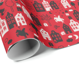 Sinterklaas met paard en huisjes rood wrapping paper