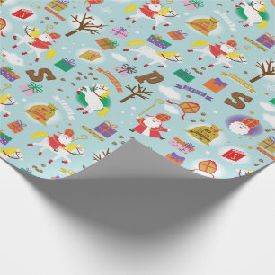 Sinterklaas with white horse, gifts and chocolate wrapping paper