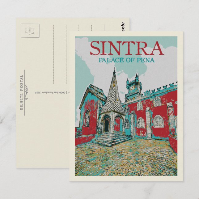 Sintra Palace of Pena illustration, Portugal Postcard (Front/Back)