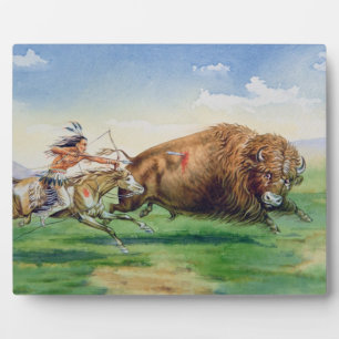 Sioux hunting buffalo on decorated pony (oil on ca plaque