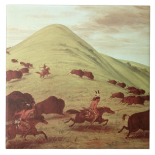 Sioux Indians hunting buffalo, 1835 (oil on canvas Tile