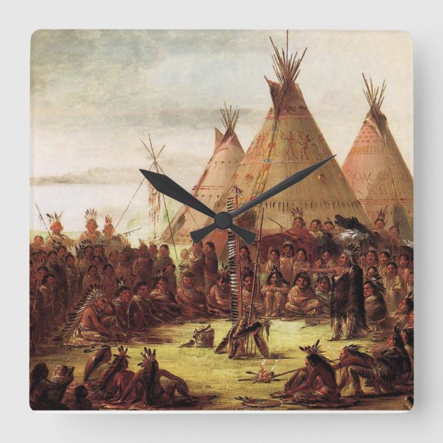 Sioux War Council George Catlin Circa 1850 Square Wall Clock (Front)