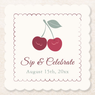 Sip and Celebrate Scalloped Cherry Birthday Paper Coaster