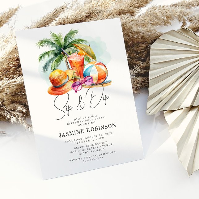 Sip and Dip Pool Party Birthday Invitation (Creator Uploaded)