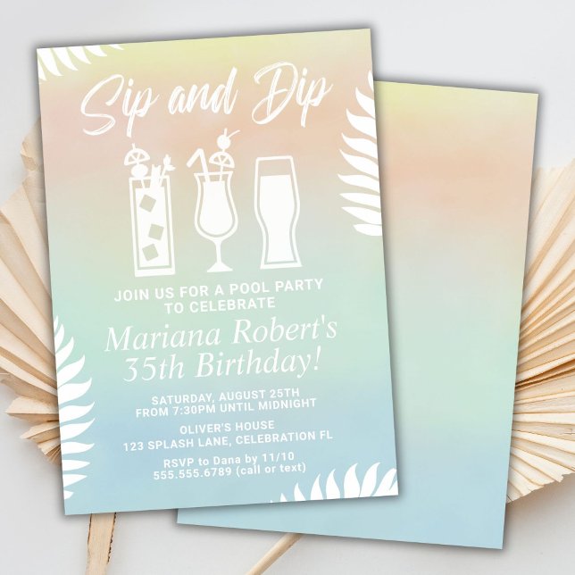 Sip and Dip Pool Party Birthday Party Invitation (Creator Uploaded)