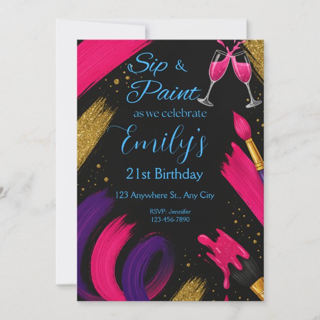 Sip and Paint Black & Pink Birthday Invitation  (Front)