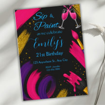 Sip and Paint Black & Pink Birthday Invitation 