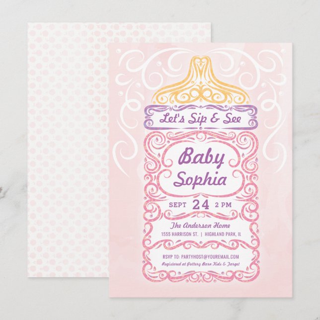 Sip and See Baby Bottle Girl Invitation (Front/Back)