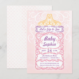 Sip and See Baby Bottle Girl Invitation