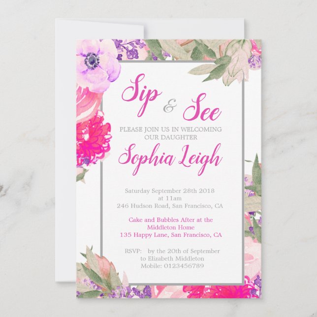 Sip and See Baby Floral Roses Pink Invitation (Front)