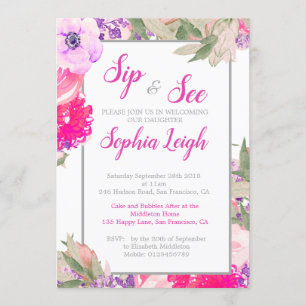 Sip and See Baby Floral Roses Pink Invitation