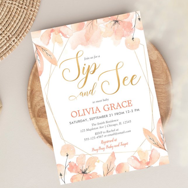 Sip and See baby girl, blush pink gold elegant Invitation (Creator Uploaded)