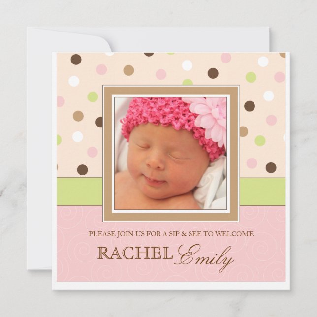Sip and See Baby Girl Photo PolkaDot Invitation (Front)