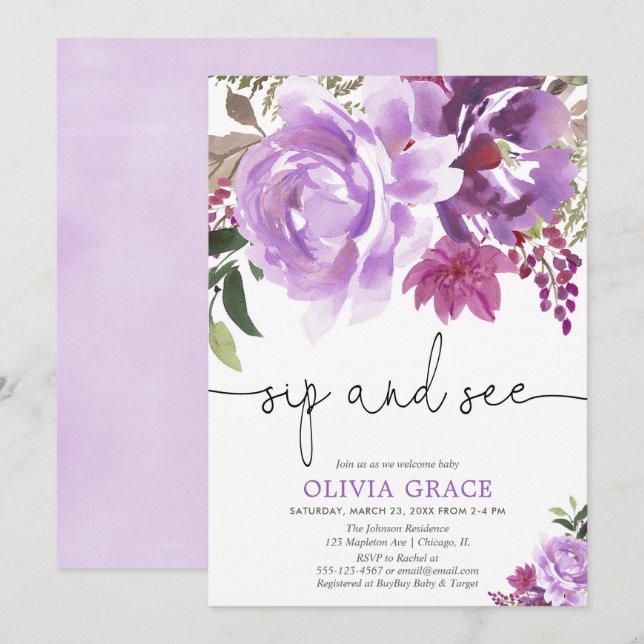 Sip and See baby girl, purple lavender floral Invitation (Front/Back)