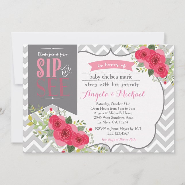 Sip and See Baby Girl Shower Invitation Pink (Front)