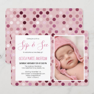 Sip and See Baby Girl Shower Photo Pink Polka Dot Invitation