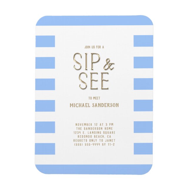 Sip and See Baby Shower Blue White Striped Magnet (Vertical)