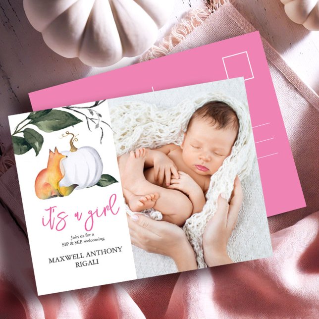 Sip and See Baby Shower Invitations Autumn Fox (Sip and see invitations watercolor fox and pumpkin fall design with photo postcard)
