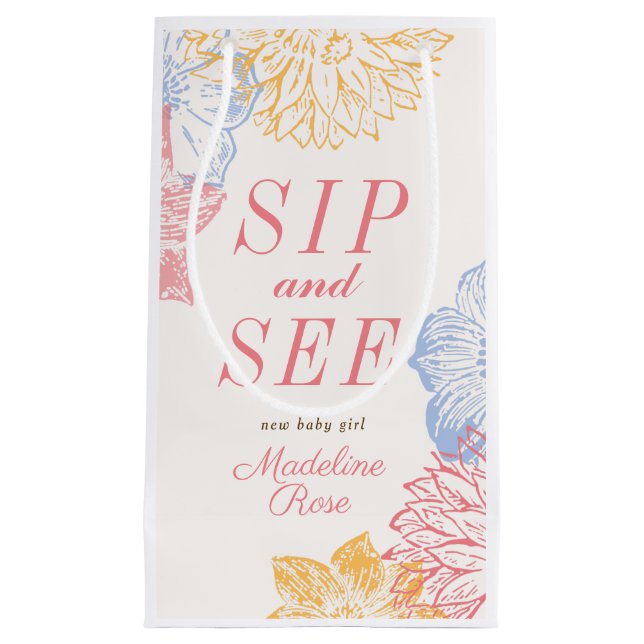 Sip and See Baby Shower Label Modern Floral Small Gift Bag (Front)