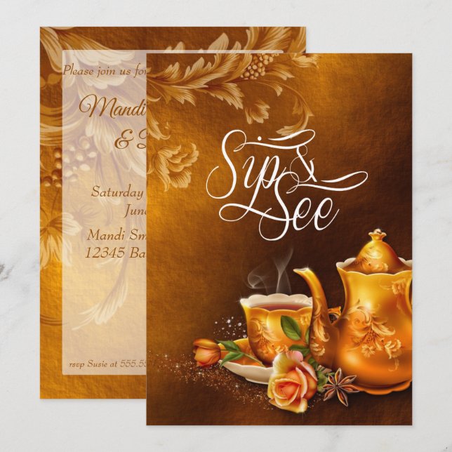 Sip and See Baby Shower Nostalgic Gold Tea Party Invitation (Front/Back)