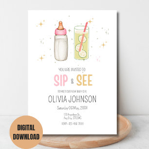 Sip And See Baby Shower Pink Girl Baby Party Invitation