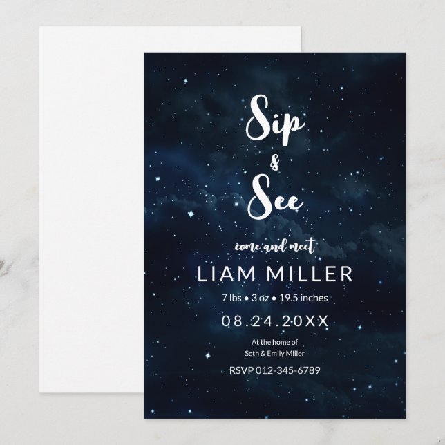 Sip and See Baby Shower, Starry Night Minimalist  Invitation (Front/Back)