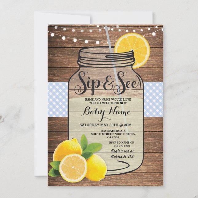 Sip and See Baby Shower Wood Rustic Blue Invite (Front)