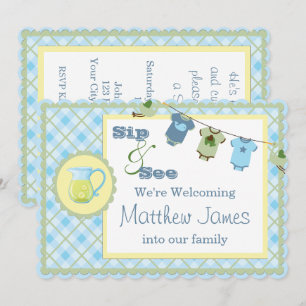 Sip and See Blue Gingham Bunting Baby Shower Invitation