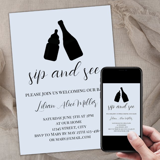 Sip And See Blue Minimalist Baby Shower Invitation (Sip and see invitation template, modern minimalist elegant, baby blue, baby boy, baby bottle)