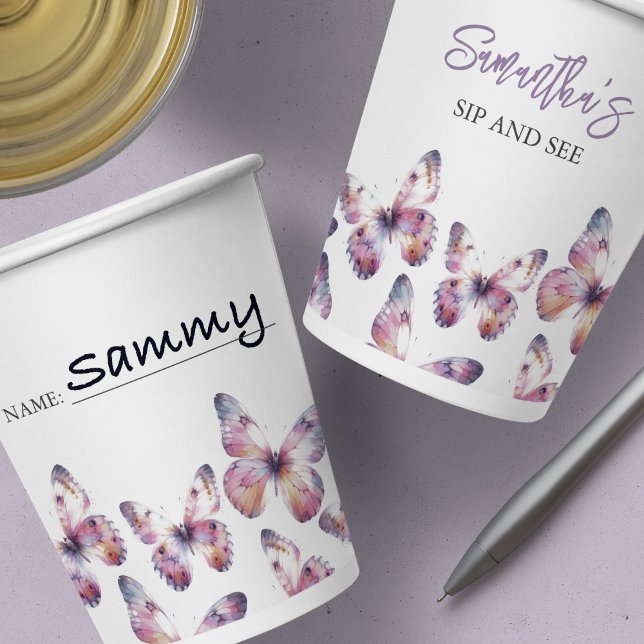 Sip and See Butterfly Theme Purple Custom Paper Cups (Sip and see purple butterfly decor art and design by Victoria Grigaliunas Do Tell A Belle)